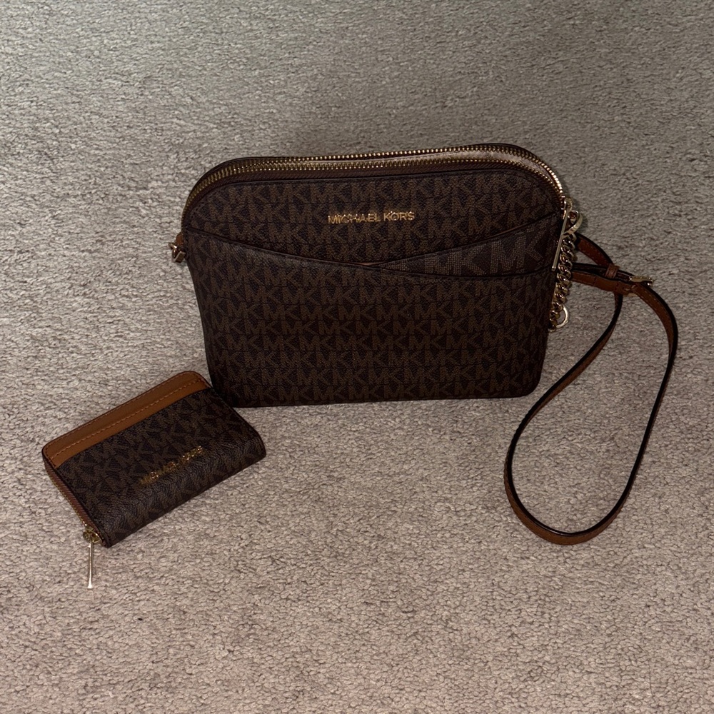 Michael Kors Dark Brown Logo Crossbody and Card Holder